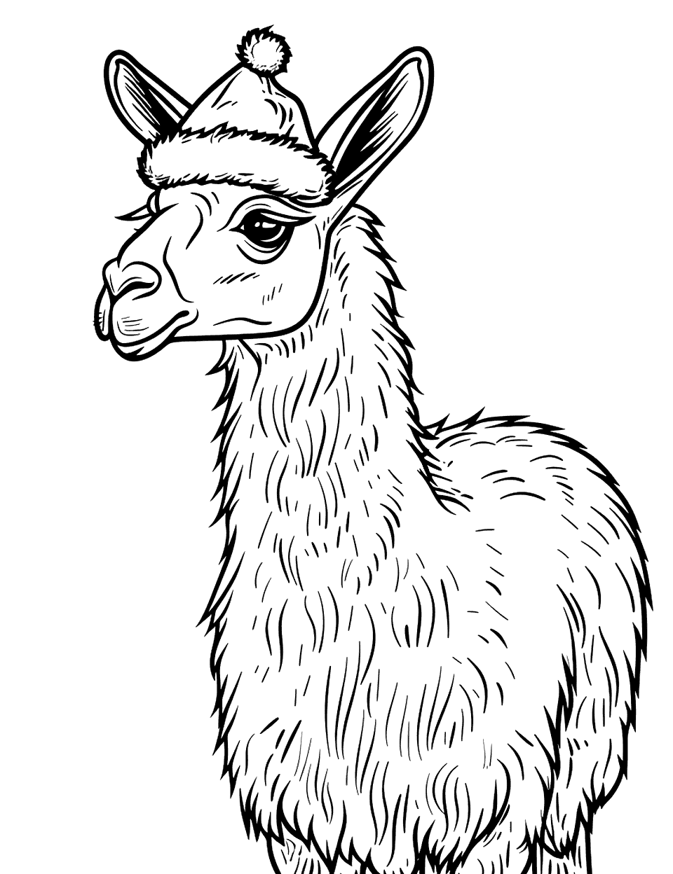 Llama in a Santa Hat Coloring Page - A festive llama wearing a Santa hat for the holidays.
