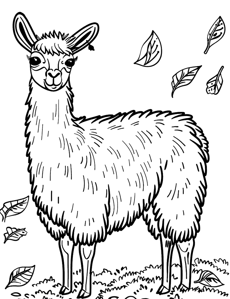 Llama and Falling Leaves Coloring Page - A llama amidst autumn leaves falling gently.