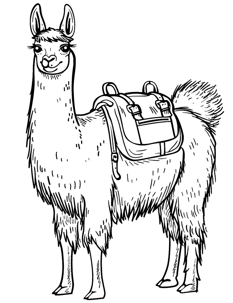 Llama with a Backpack Coloring Page - A llama prepared for an adventure with a backpack.