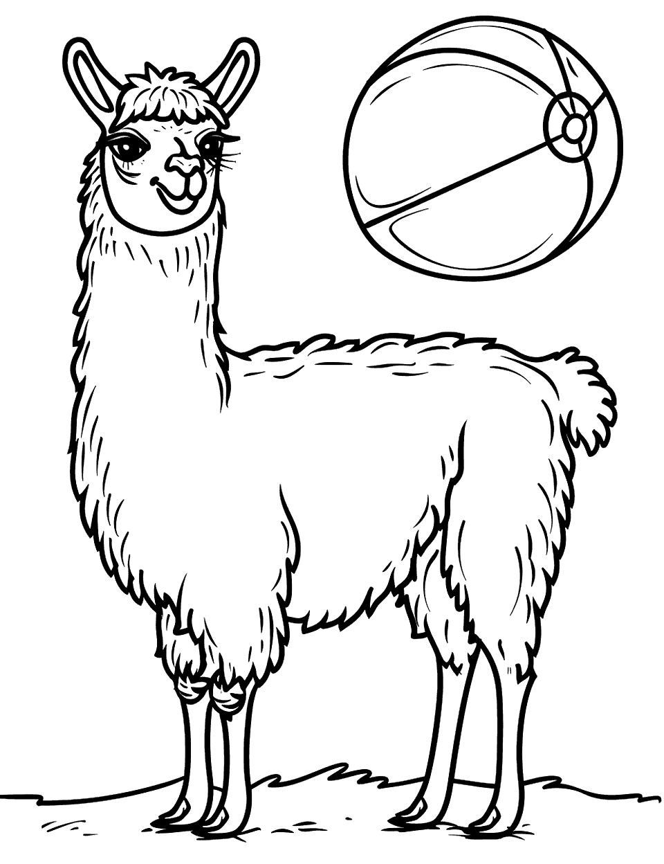 Llama and a Beach Ball Coloring Page - A llama playing at the beach with a large beach ball.