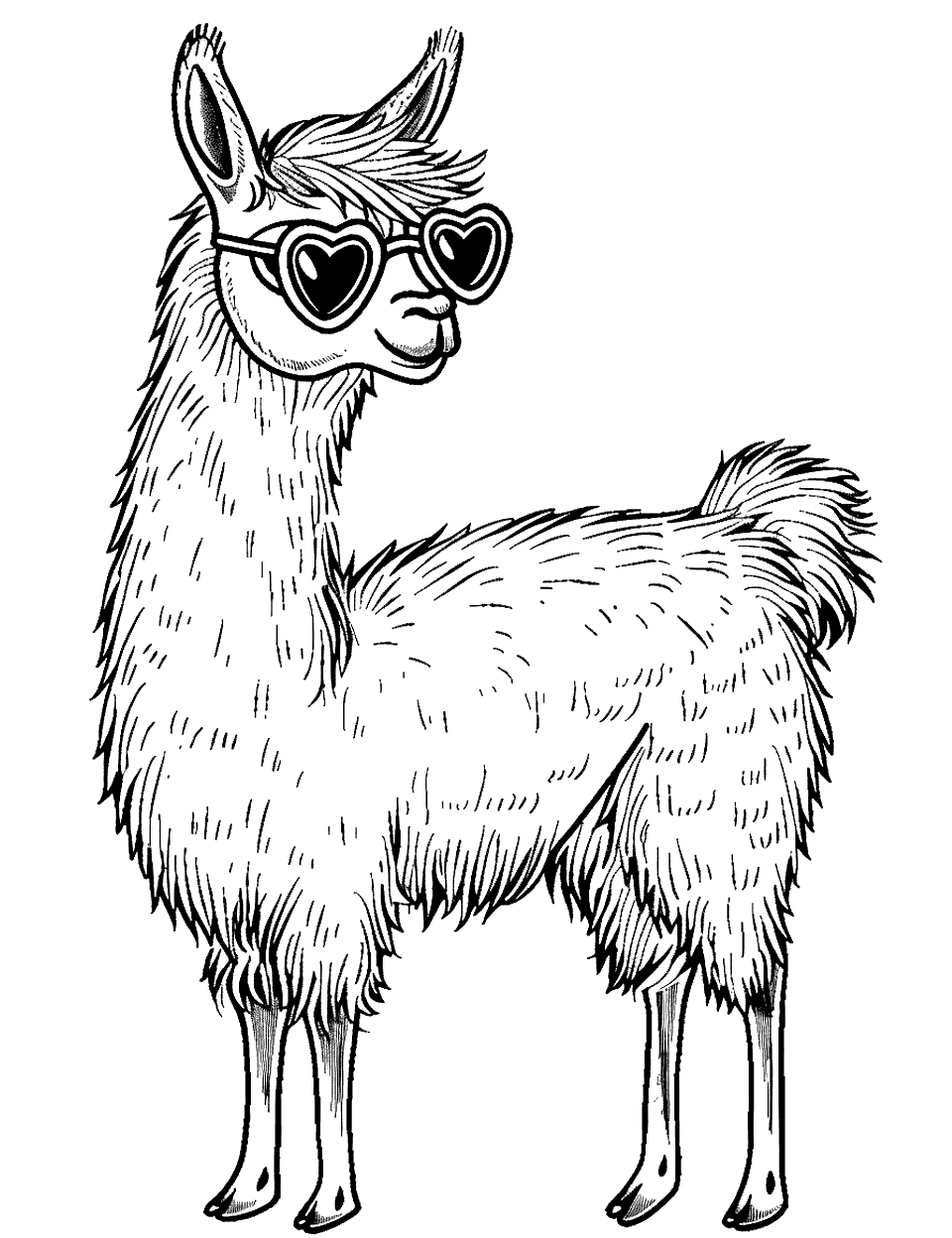 Llama with Heart-Shaped Glasses Coloring Page - A llama looking charming in heart-shaped sunglasses.
