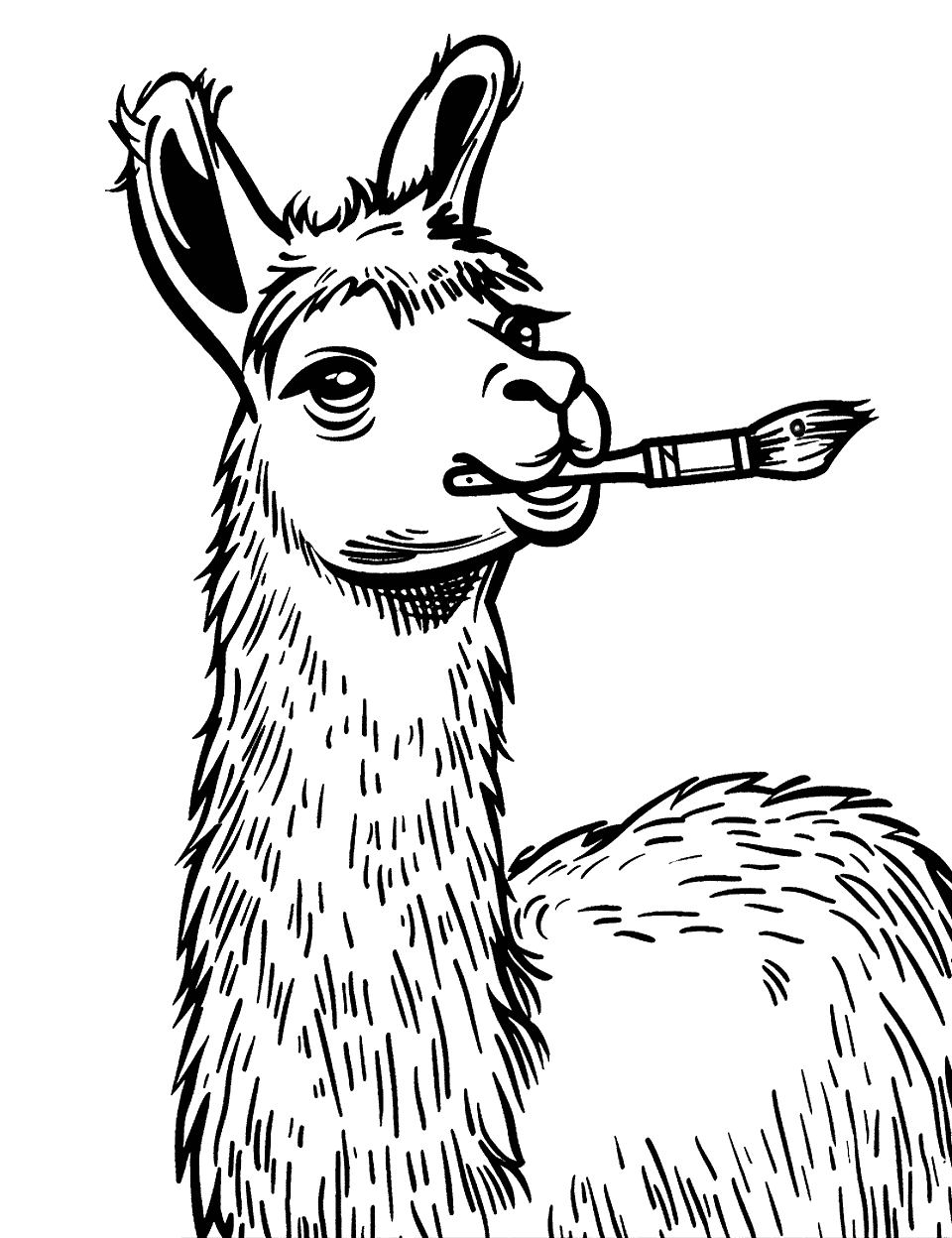 Llama with a Paintbrush Coloring Page - A creative llama holding a paintbrush in its mouth.
