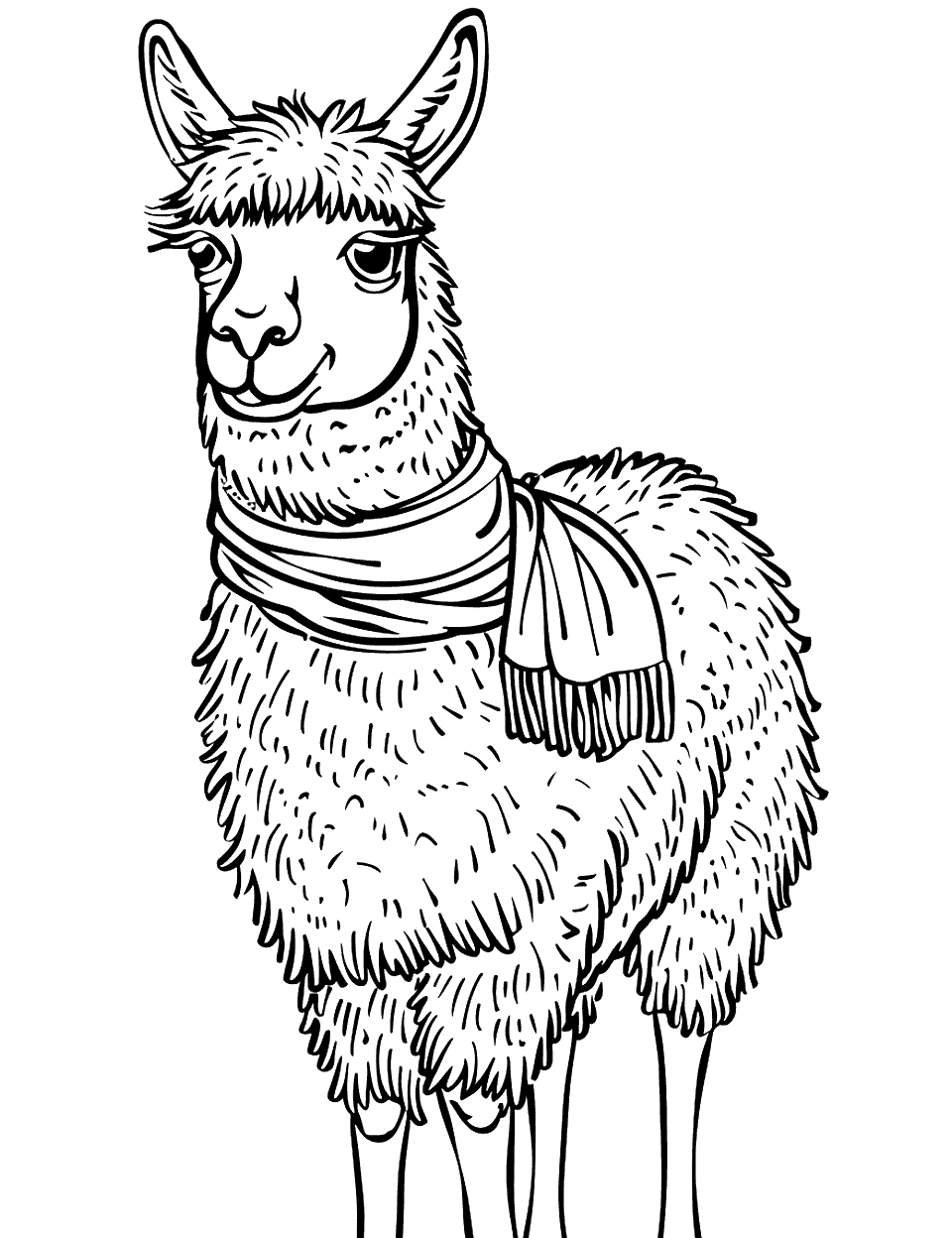 Llama with a Scarf Coloring Page - A llama dressed in a warm, knitted scarf for winter.