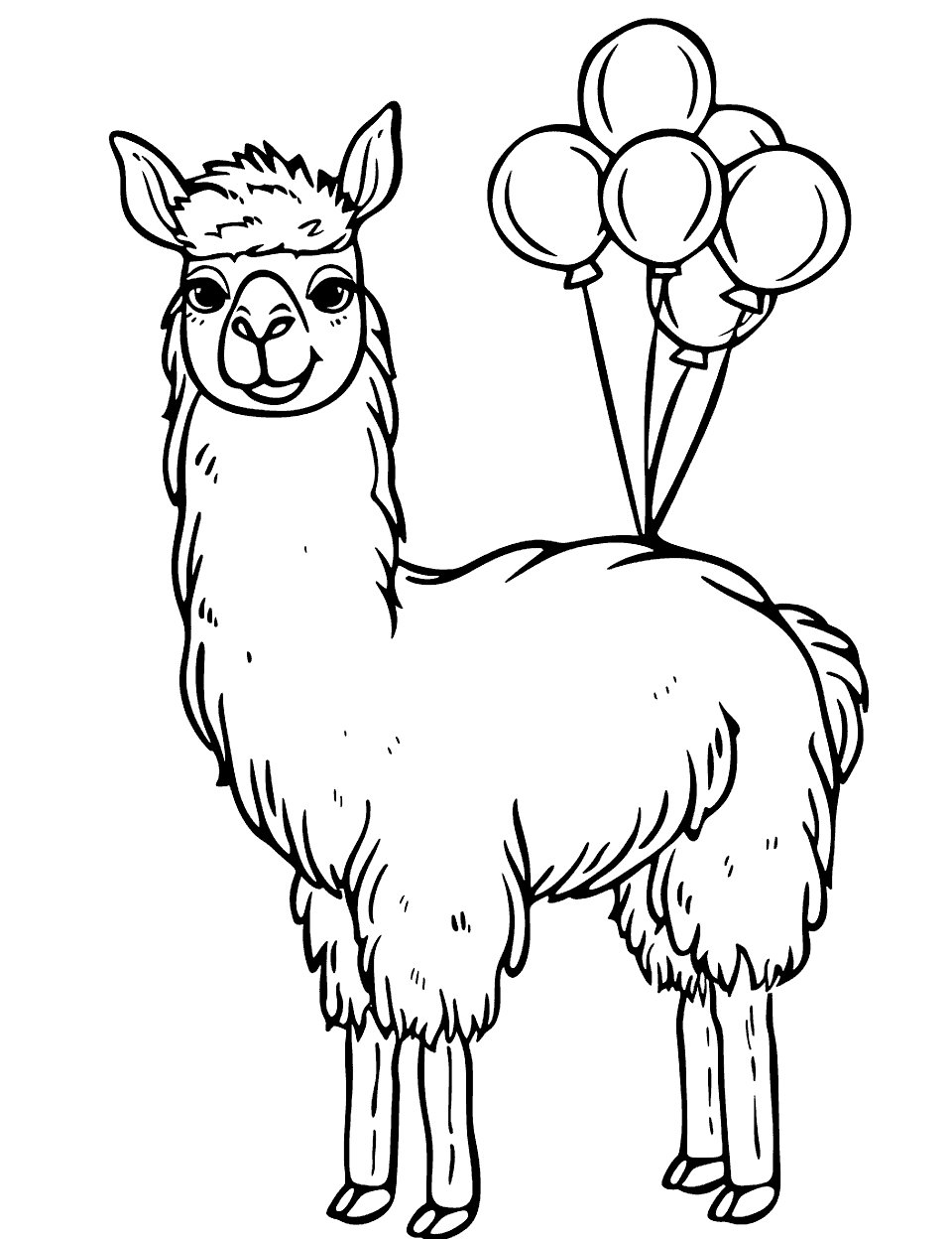 Llama with Balloons Coloring Page - A joyful llama tied with bunch of balloons.