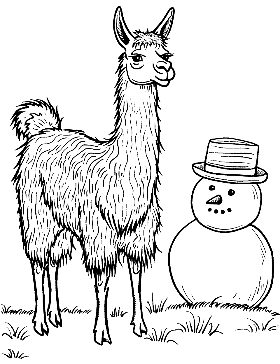 Llama and a Snowman Coloring Page - A llama standing next to a snowman during winter.