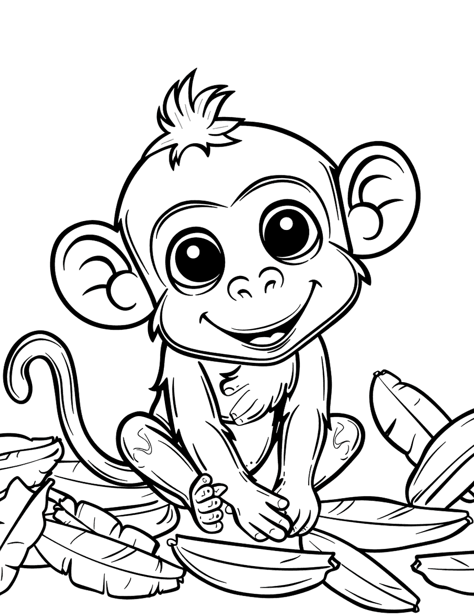 Cute Baby Monkey Coloring Page - A sweet baby monkey sitting and smiling, surrounded by banana peels and leaves.