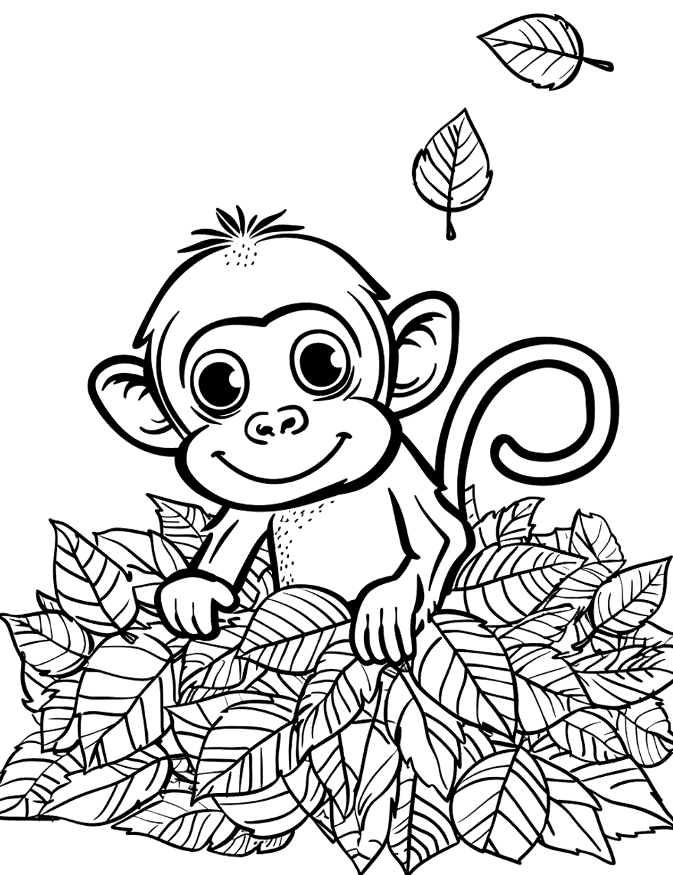 Monkey in a Leaf Pile Coloring Page - A monkey frolicking in a pile of autumn leaves, looking amused.