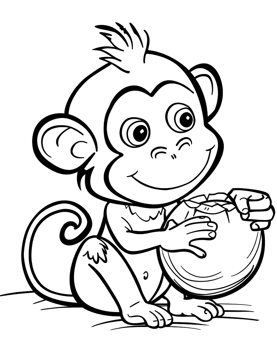 Monkey Playing with Coconut Coloring Page - A monkey with an opened coconut ready to eat.