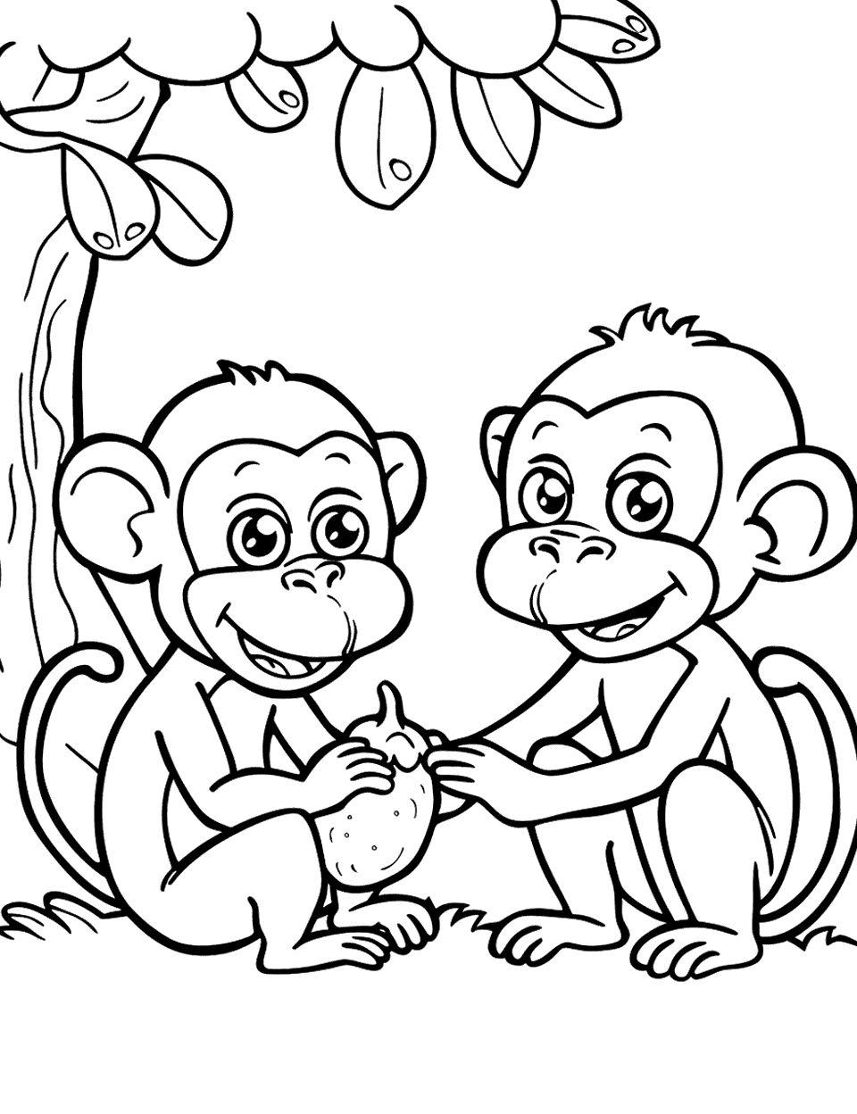 Two Monkeys Sharing Fruit Monkey Coloring Page - A peaceful scene where two monkeys share a piece of fruit under a tree.