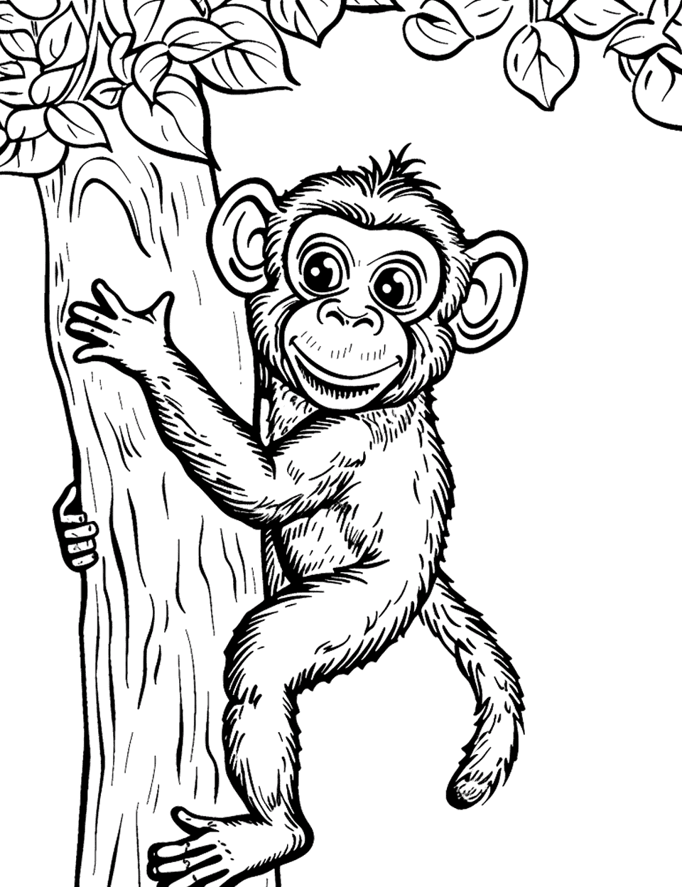 Monkey Climbing a Tree Coloring Page - A straightforward scene of a monkey climbing up a tree trunk.