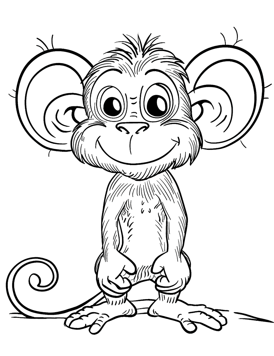 Monkey with Oversized Ears Coloring Page - A comic-style monkey with exaggerated large ears, standing and grinning.