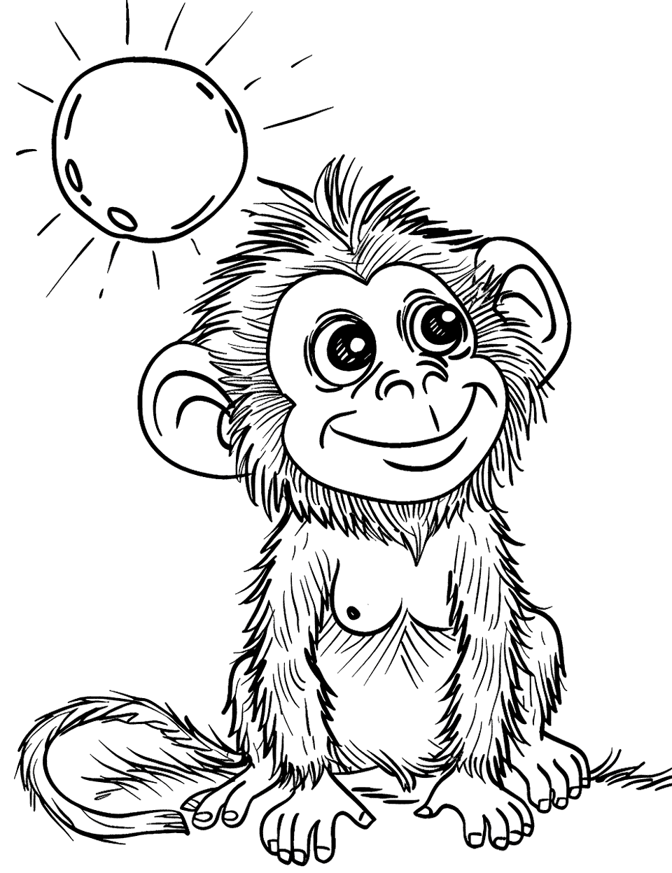 Monkey on a Sunny Day Coloring Page - A monkey with a happy expression, basking in the sun on a warm day.