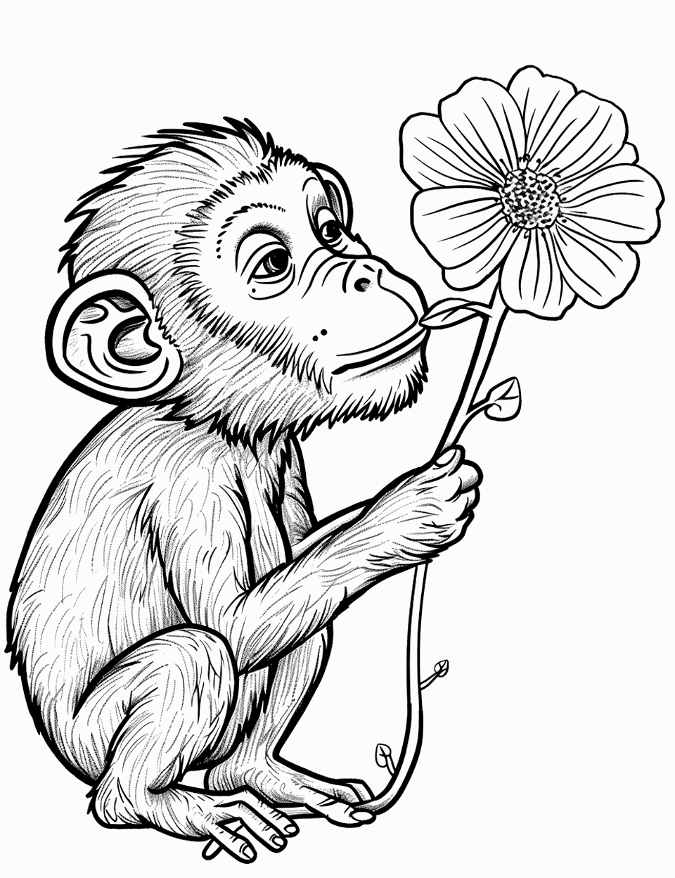 Monkey Holding a Flower Coloring Page - A gentle scene of a monkey sniffing a large flower.