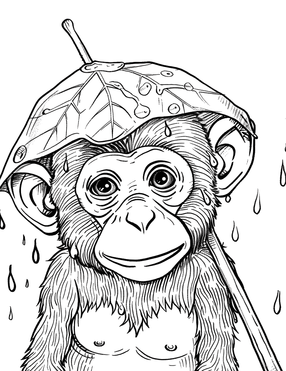 Monkey in the Rain Coloring Page - A monkey with a leaf over its head as a makeshift umbrella during rain.