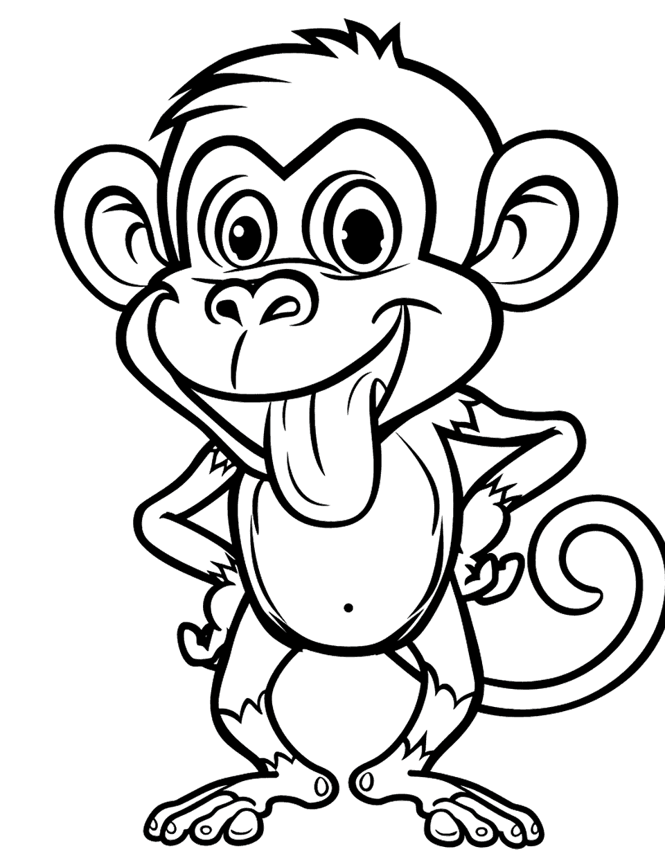 Monkey Making Faces Coloring Page - A playful monkey sticking out its tongue, with hands on its hips.