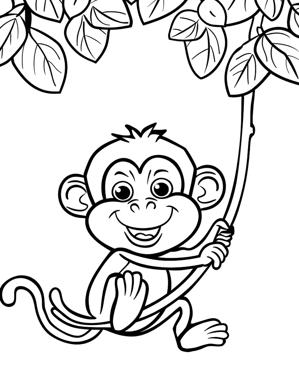 Jungle Monkey Adventure Coloring Page - A lone monkey swinging from a vine in a simple jungle setting.