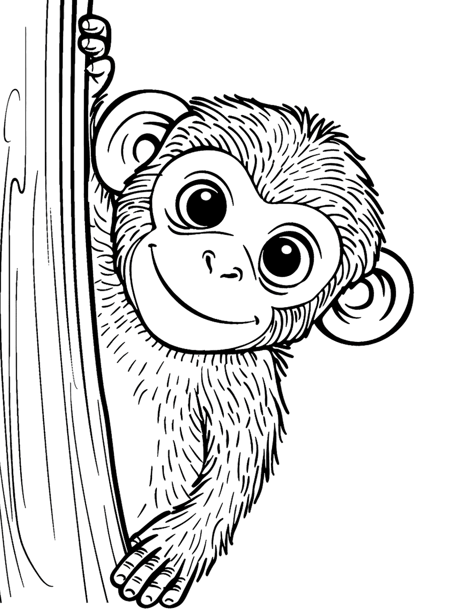 Curious Monkey Peeking Coloring Page - A monkey peeking out from behind a tree.