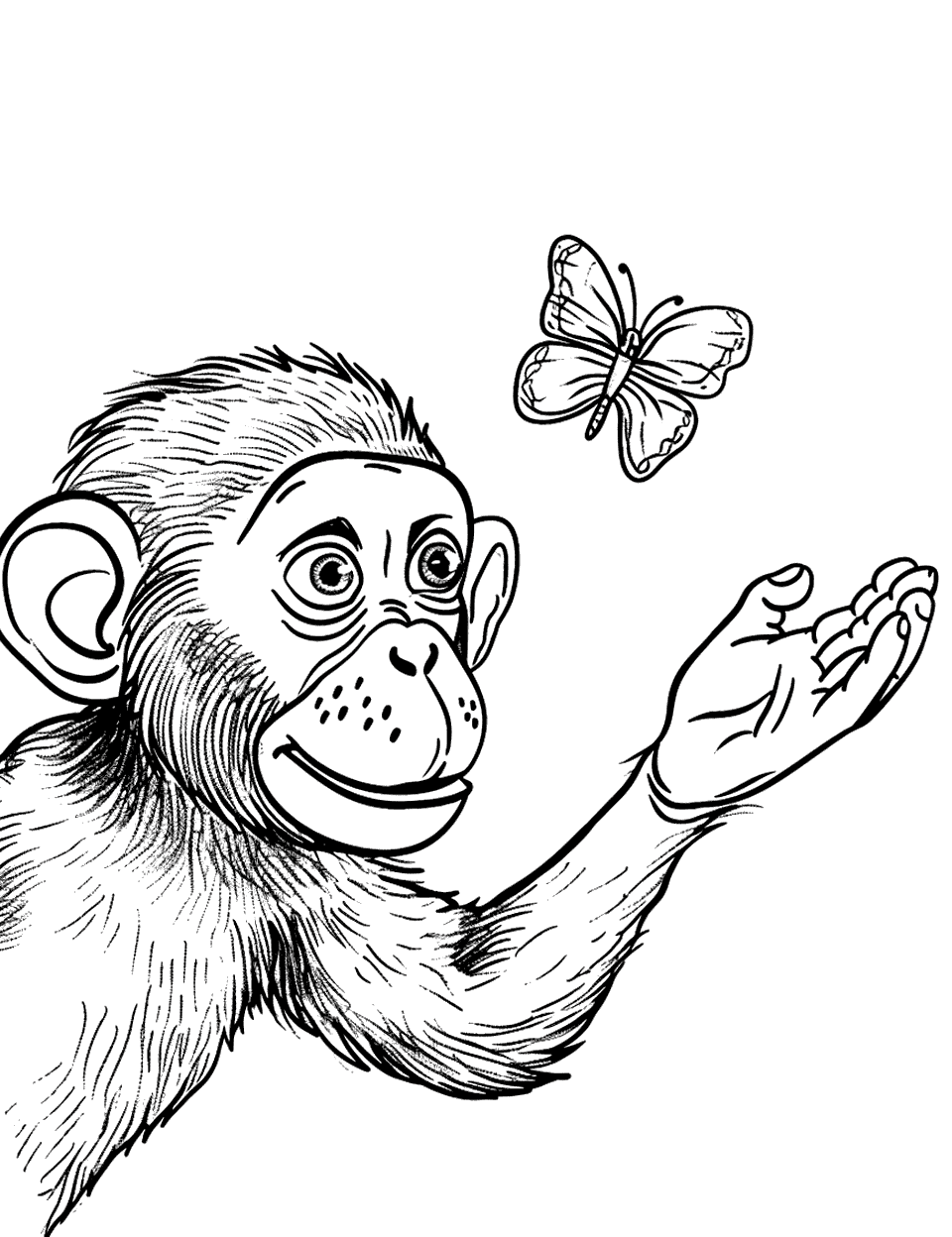 Monkey and a Butterfly Coloring Page - A monkey gently reaches out to a butterfly landing on its hand.