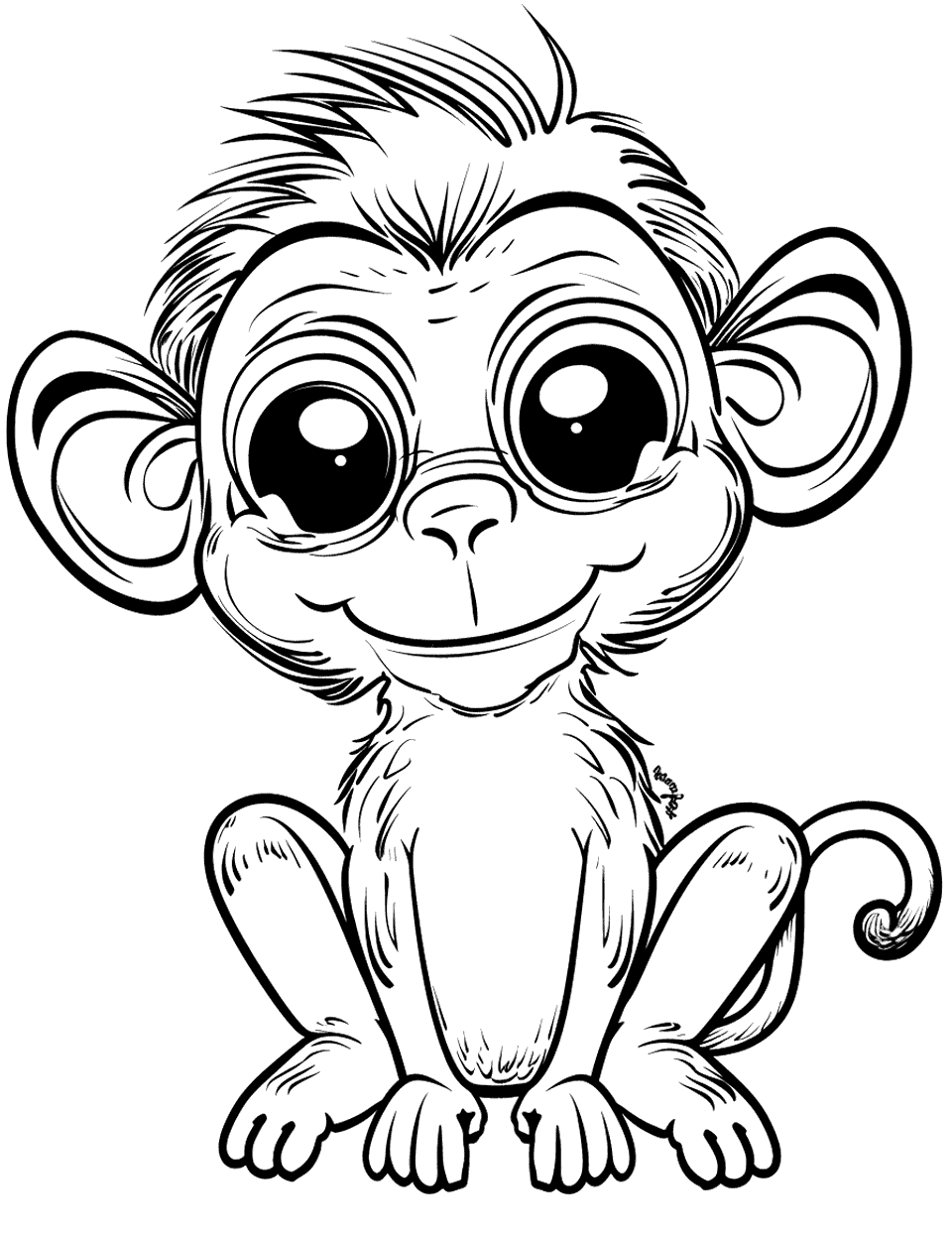 Monkey With Big Eyes Coloring Page - An adorable monkey with unusually large eyes, looking curious.