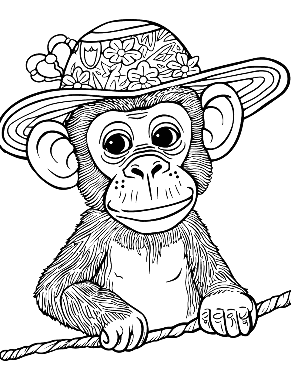 Monkey in a Hat Coloring Page - A whimsical scene of a monkey wearing an oversized hat.