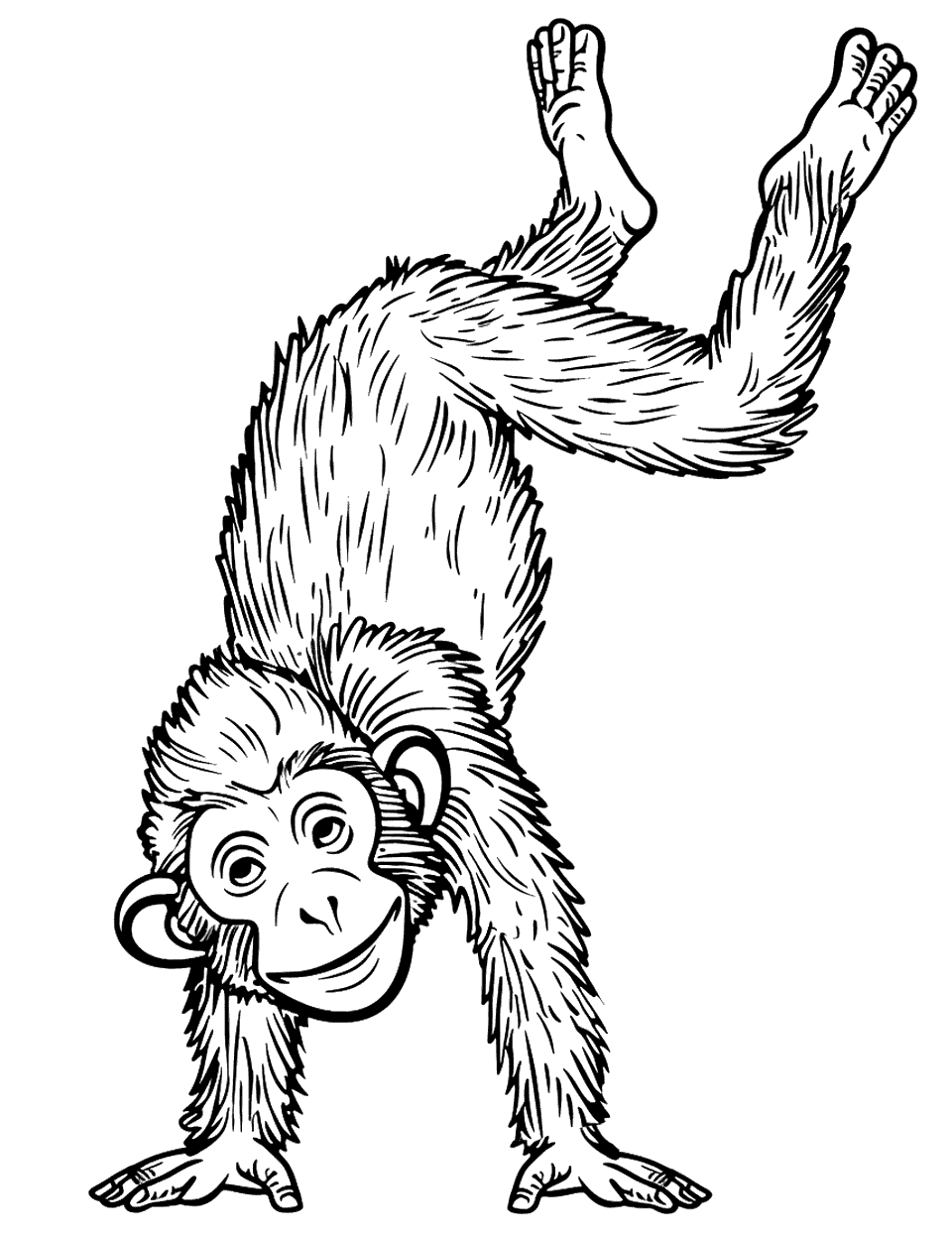 Monkey Doing a Handstand Coloring Page - A playful monkey doing a handstand, feet joyfully in the air.