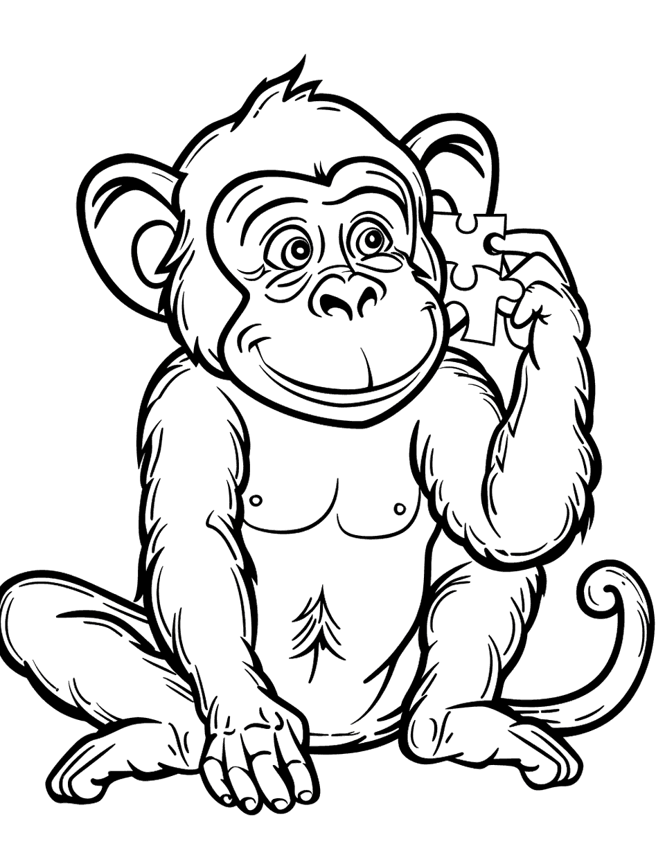 Monkey with a Puzzle Coloring Page - A monkey pondering over a simple jigsaw puzzle piece in its hands.