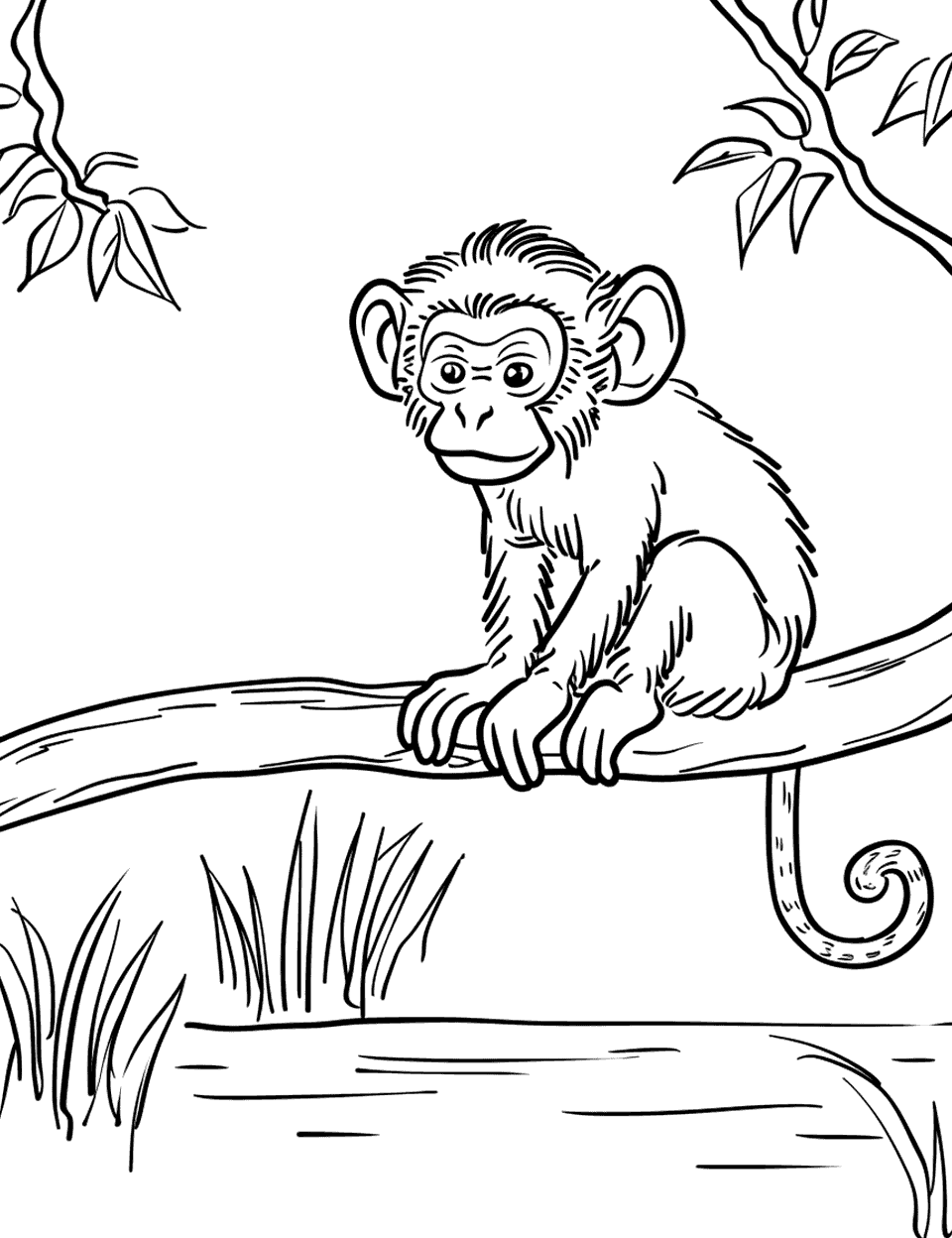 Monkey on a Branch Over Water Coloring Page - A monkey sitting on a branch that extends over a small pond.