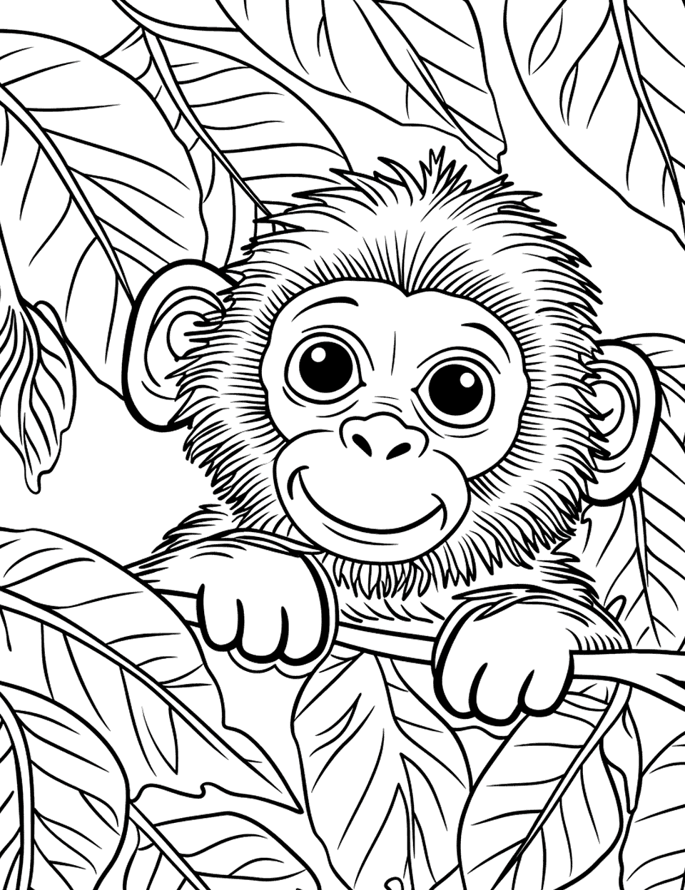 Monkey Hiding Behind Leaves Coloring Page - A shy monkey peeking out from behind dense leaves.