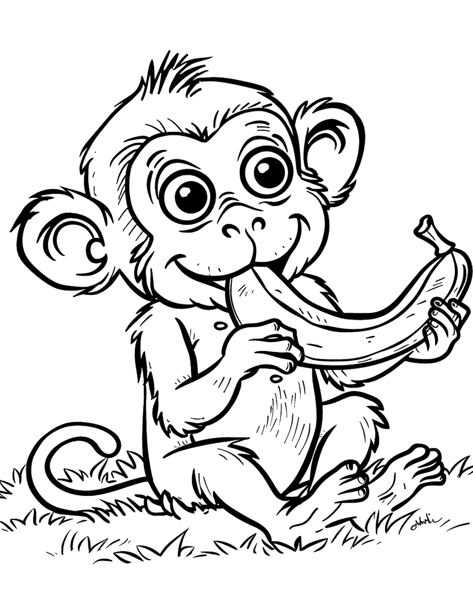 Monkey Eating Banana Coloring Page - A monkey eating a banana while sitting on a grassy ground.