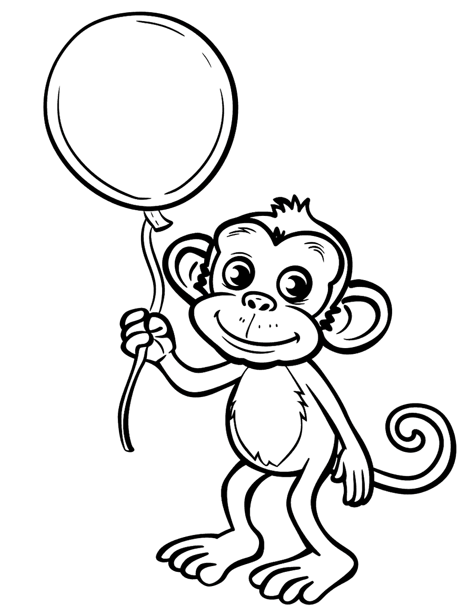 Monkey with a Balloon Coloring Page - A monkey holding a single big balloon on a string.