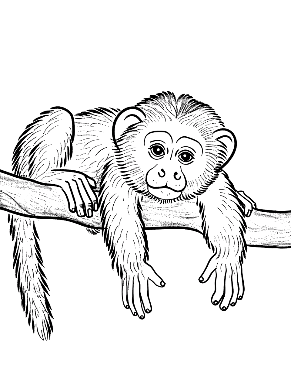 Capuchin Monkey Resting Coloring Page - A capuchin monkey lying down on a branch, resting its head on its hands.