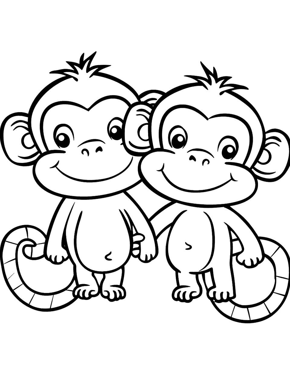 Kawaii Monkey Friends Coloring Page - Two round-bodied monkeys stand shoulder to shoulder, both smiling, with striped tails curling out on either side. It is the simplest style here: bold lines, no fur texture, big empty middles. Little kids often color the pair in matching shades, so suggest one warm and one cool tone if you want a bit of contrast. Good for a busy afternoon when nobody wants a long project.