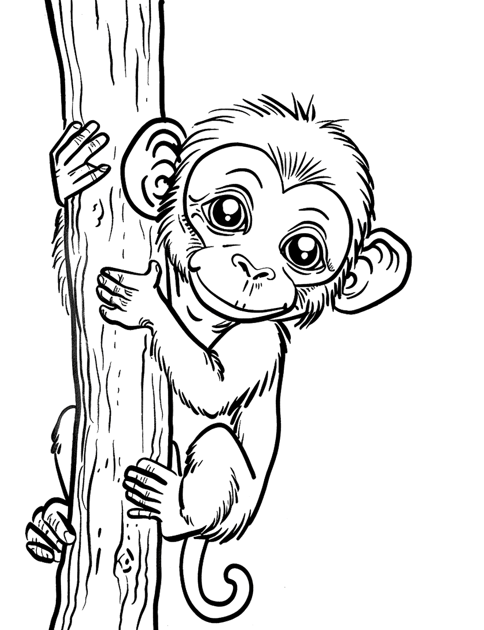 Baby Monkey Clinging Coloring Page - A baby monkey clinging tightly to a simple tree branch.