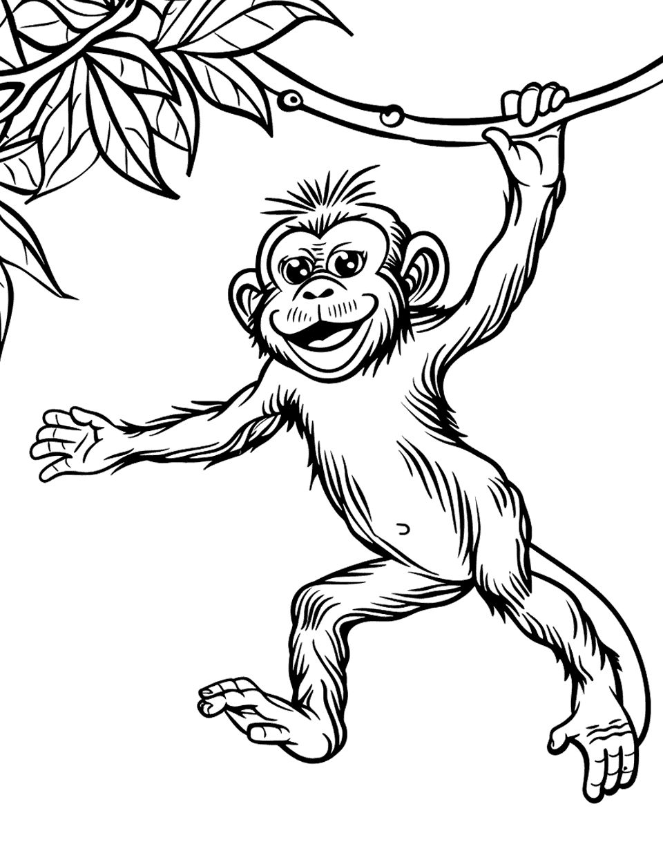 Monkey Jumping Joyfully Coloring Page - A monkey mid-air, jumping joyfully from a low hanging tree branch.