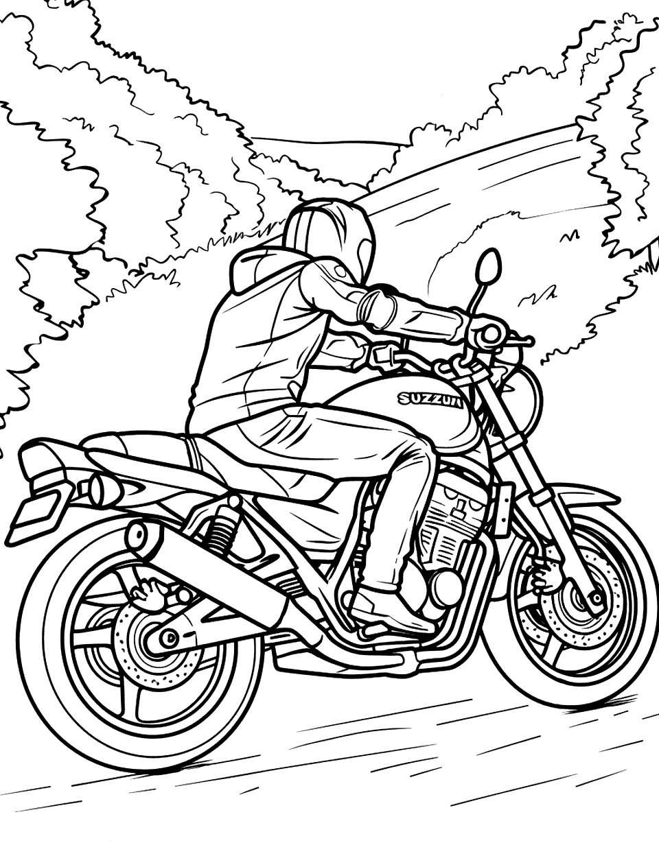 Suzuki Motorcycle Ride Coloring Page - A person riding a Suzuki motorcycle through a scenic countryside road.