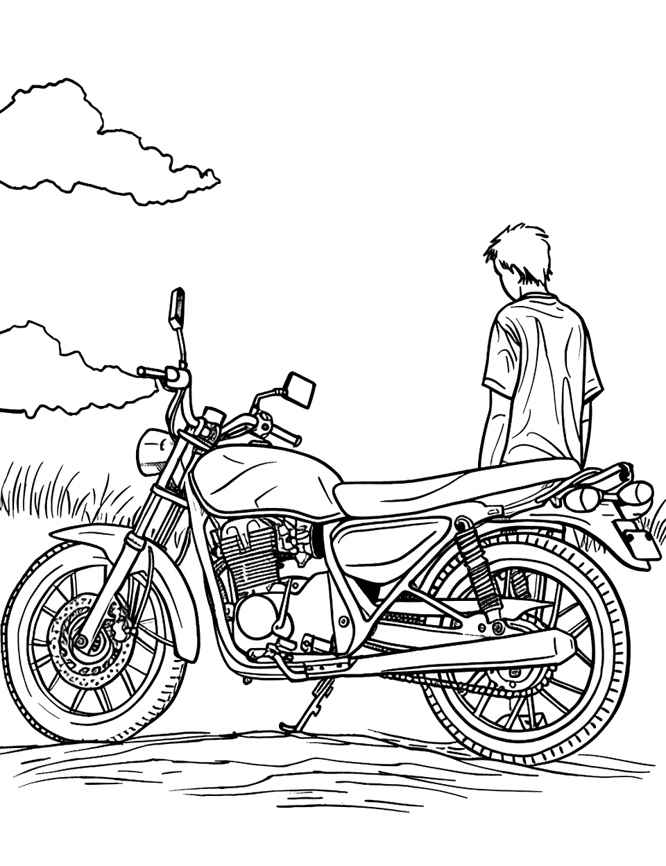 Man and His Motorcycle Coloring Page - A man standing next to his motorcycle, looking at the horizon.