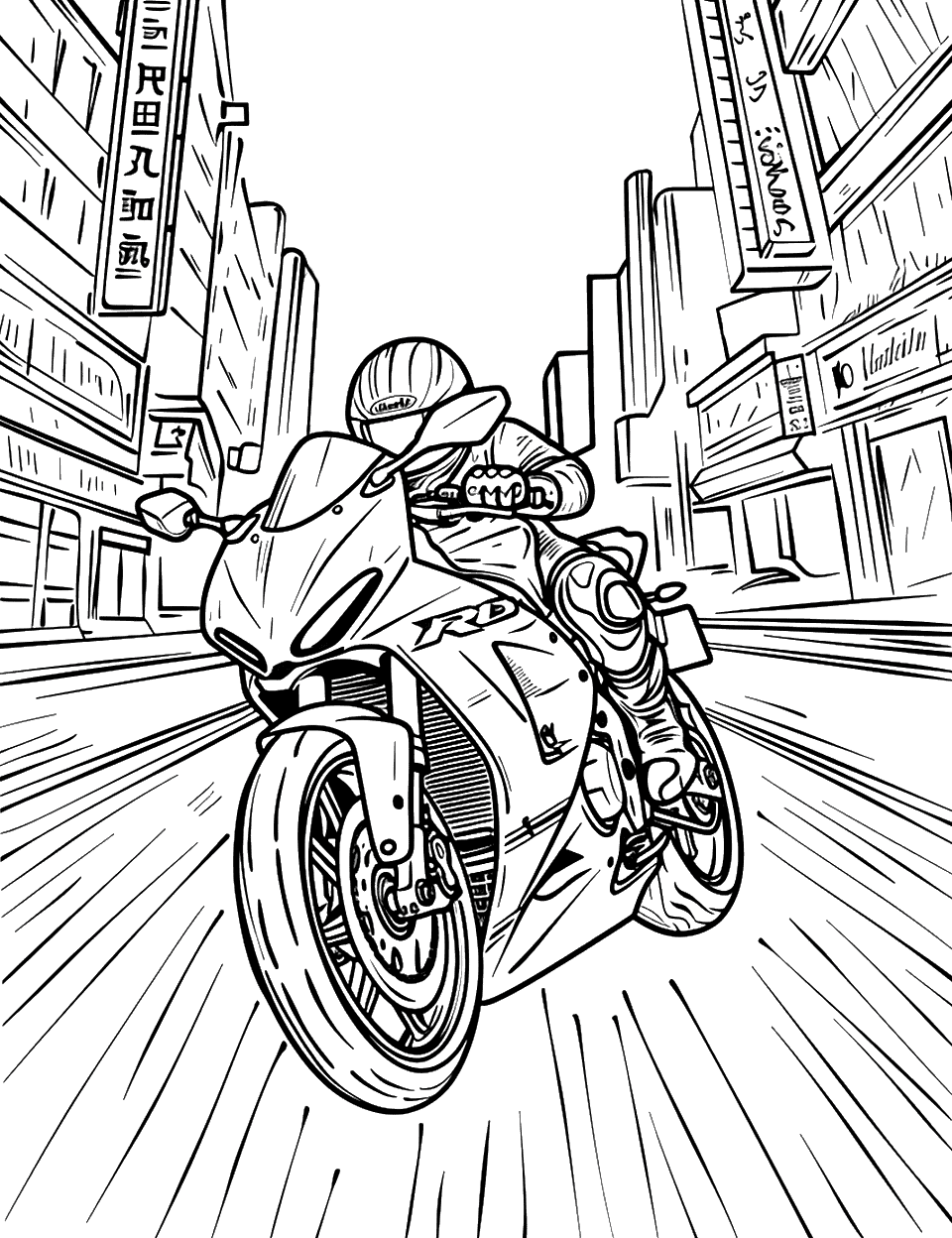 Motorcycle Race Through City Coloring Page - Motorcycle racing through a city street with buildings in the background.