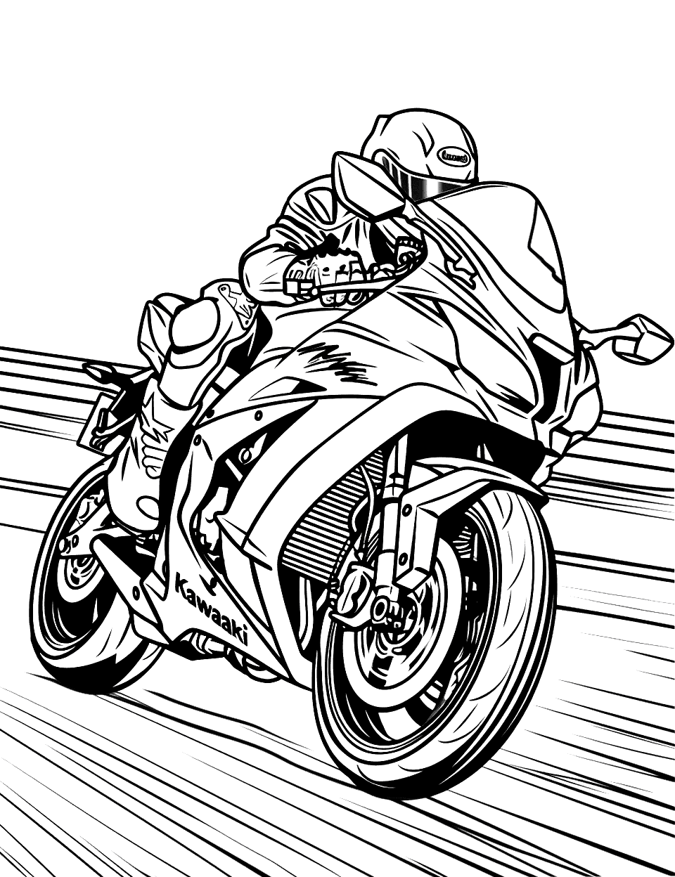 Kawasaki Ninja on the Move Motorcycle Coloring Page - A Kawasaki Ninja motorcycle speeding on a highway, rider focused ahead.