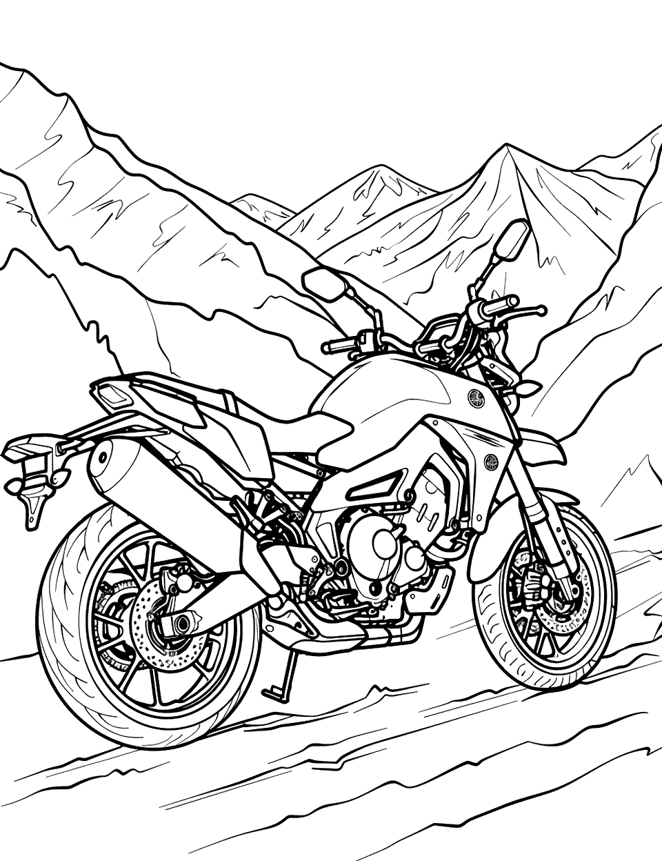 Yamaha Motorcycle Adventure Coloring Page - A Yamaha motorcycle on a dirt road, surrounded by mountains.