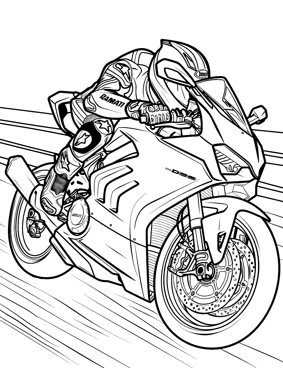 Ducati Performance Motorcycle Coloring Page - A Ducati motorcycle leaned into a sharp corner on a race track.