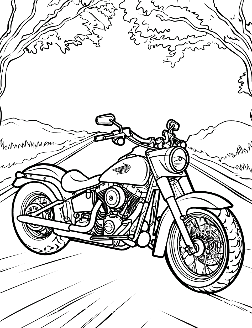 Honda Motorcycle Journey Coloring Page - A Honda motorcycle parked on a long road through the forest.