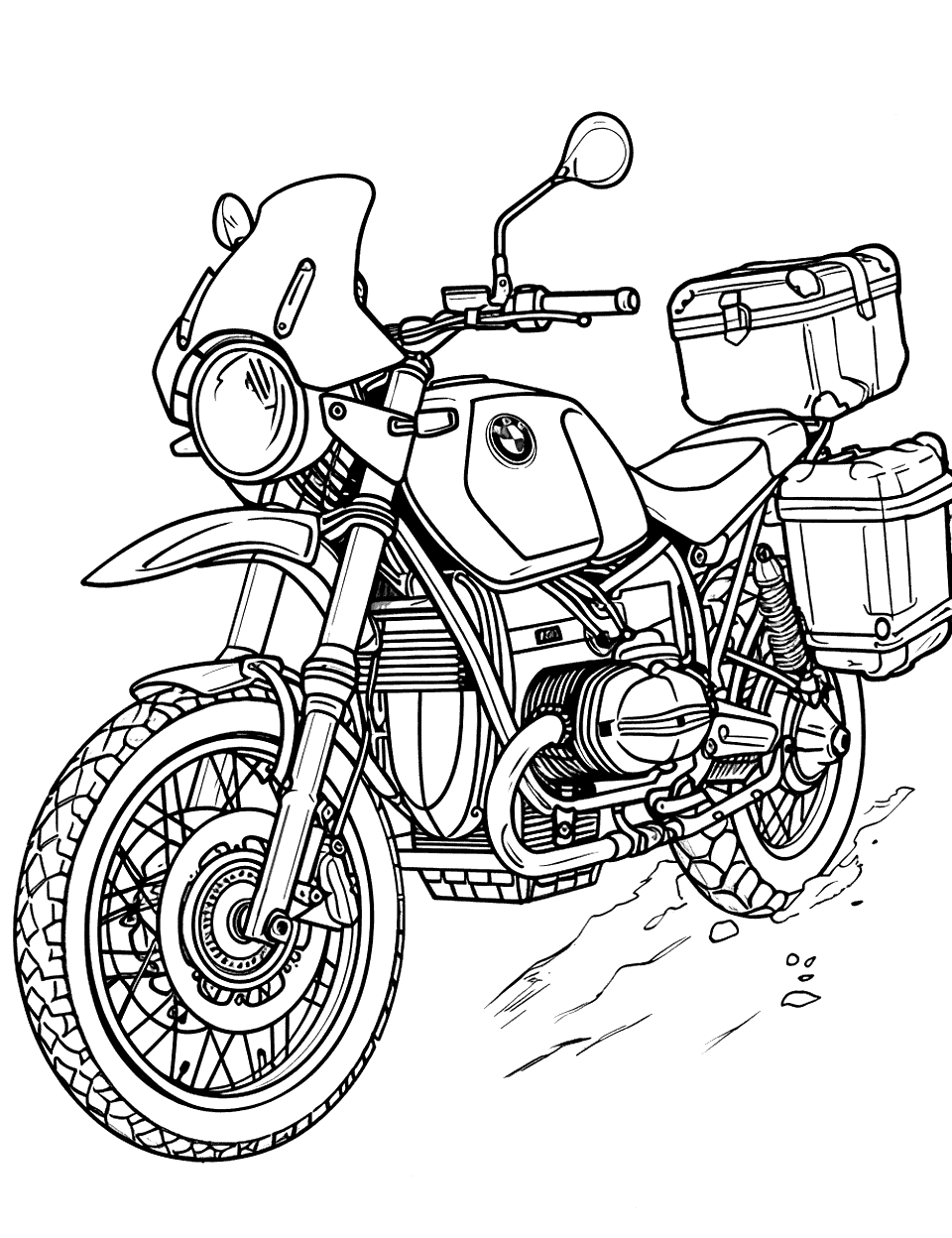BMW Motorcycle Tour Coloring Page - A BMW motorcycle with sidecases, ready for a long-distance tour.