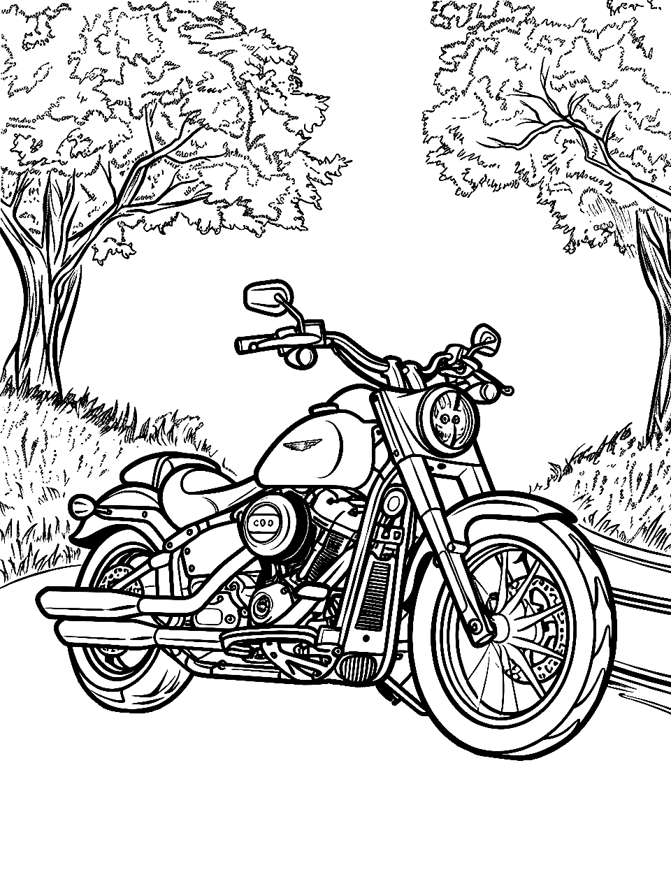 Peaceful Motorcycle Ride Coloring Page - A motorcycle parked on a quiet country road, with trees on either side.
