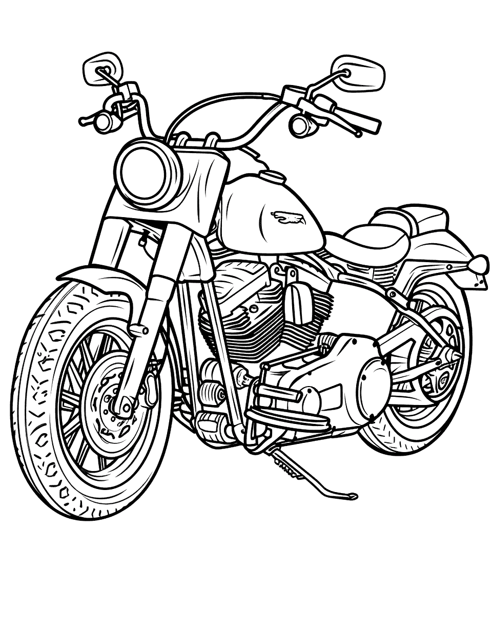 Vintage Motorcycle Coloring Page - A vintage motorcycle with classic design details, parked.