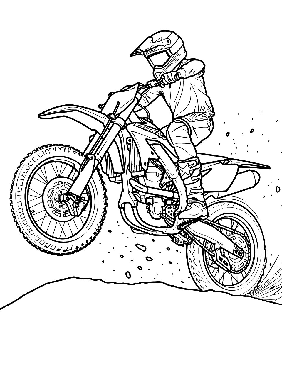 Dirt Bike in Action Motorcycle Coloring Page - A rider on a dirt bike navigating a small mound of dirt, ready to land on the other side.