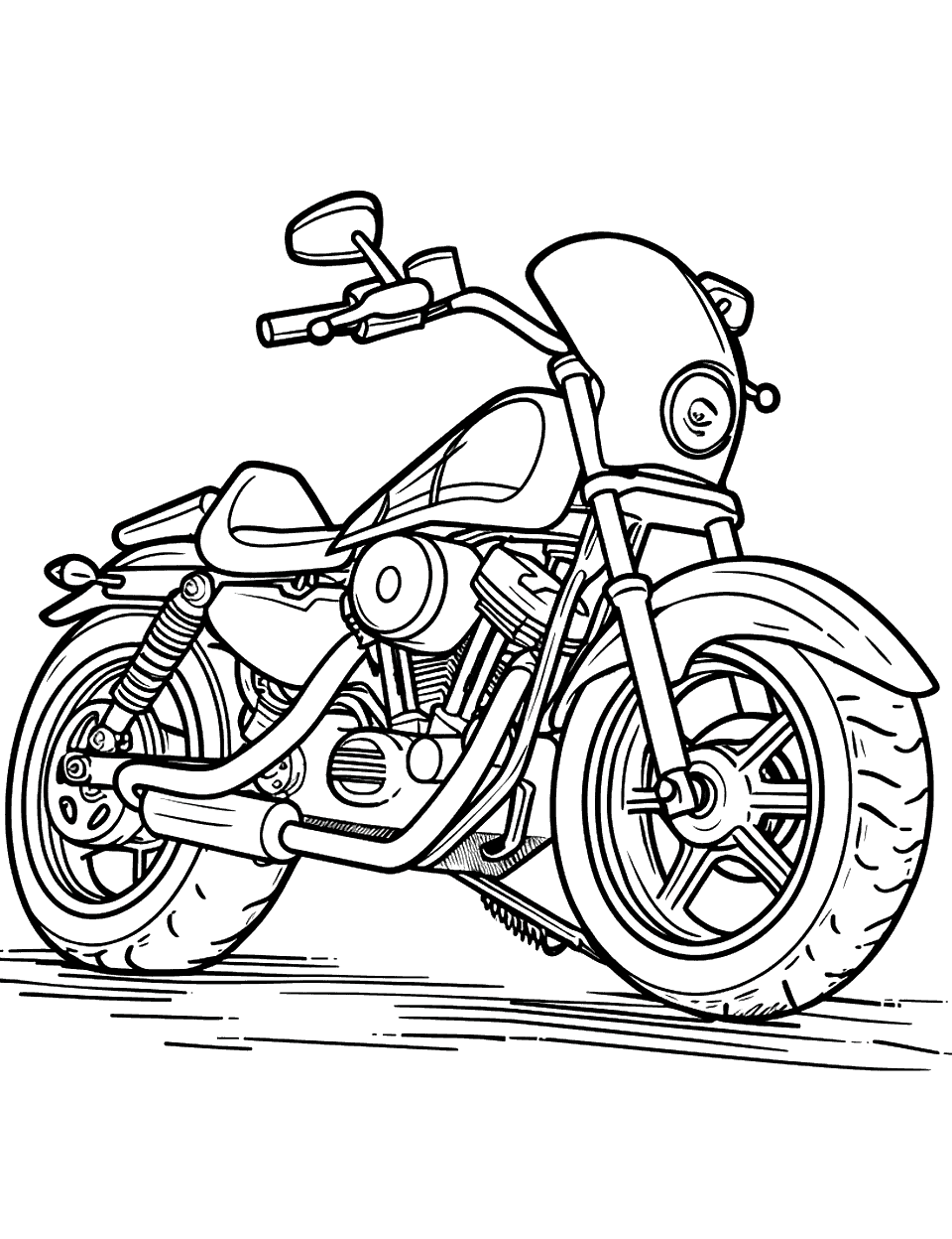 Cartoon Motorcycle Coloring Page - A fun, cartoon-styled motorcycle with big wheels.