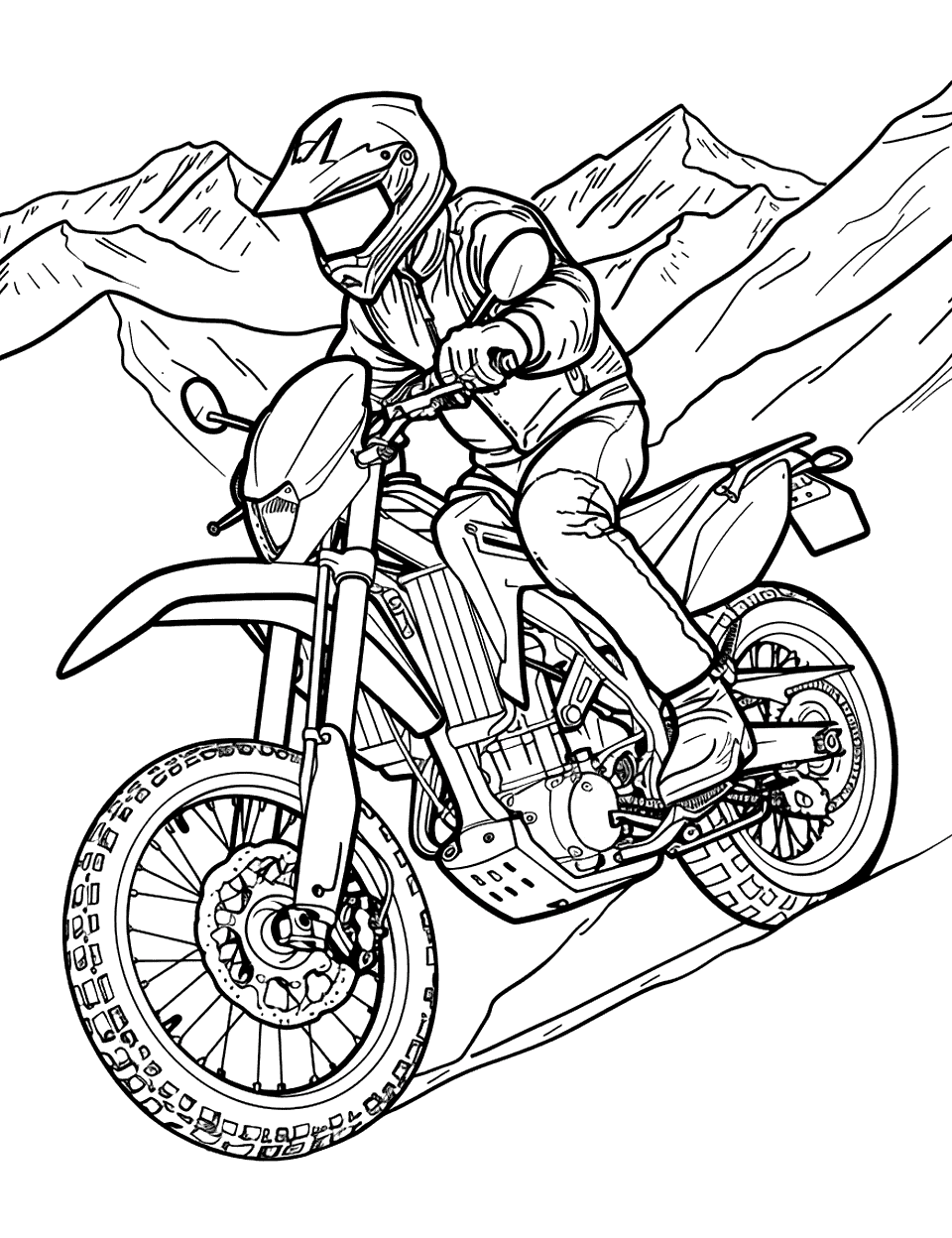 Mountain Motorcycle Ride Coloring Page - A motorcycle coming down a steep mountain road, with snow-capped peaks in the background.
