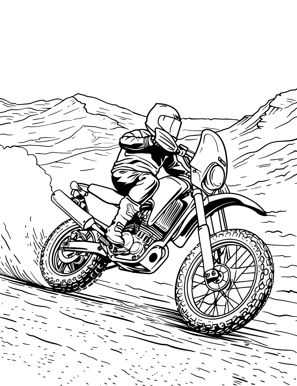 Desert Motorcycle Expedition Coloring Page - A motorcycle rider kicking up a trail of dust in a vast desert.