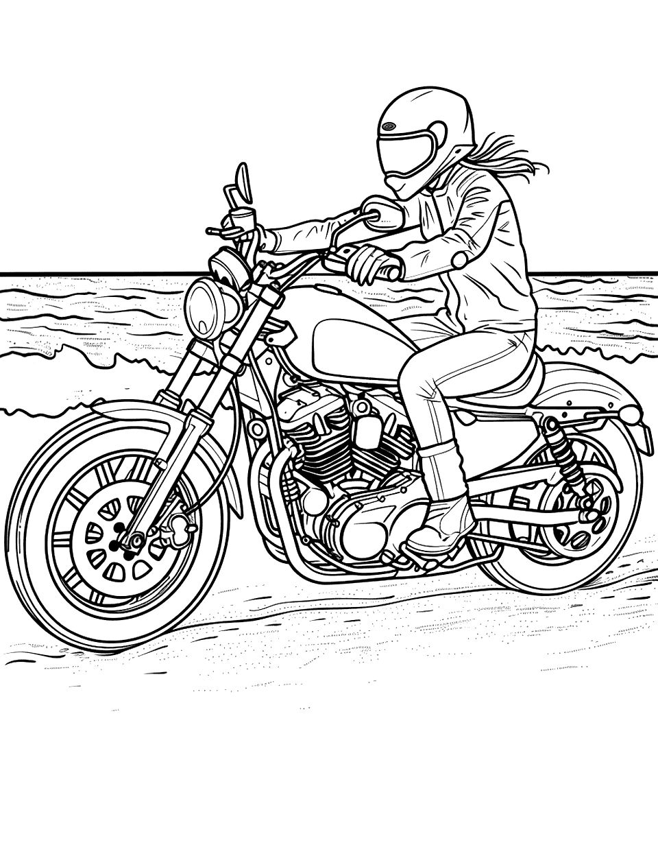 Beachside Motorcycle Ride Coloring Page - A motorcycle riding along the beach.