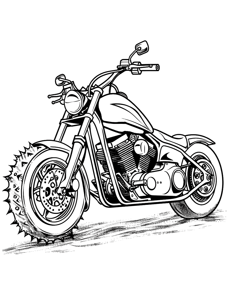 Ice Racing Motorcycle Coloring Page - A motorcycle equipped for ice racing, with spiked tires.